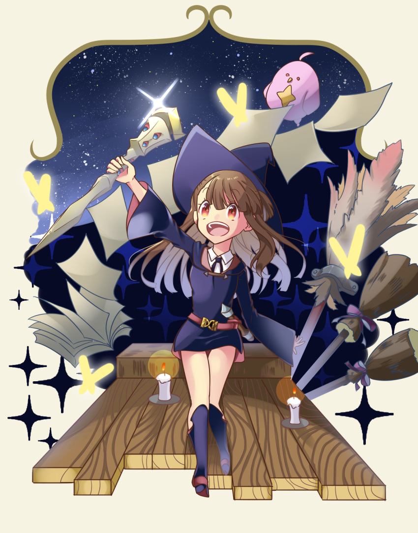 1girl aikoi_(arararaaren) akko_kagari broom brown_eyes brown_hair candle colored hat highres little_witch_academia long_hair night night_sky open_mouth paper sky solo staff star_(sky) starry_sky stuffed_animal stuffed_toy witch_hat