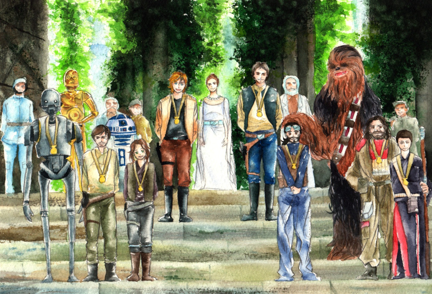 baze beard bodhi_rook c-3po cassian_andor chewbacca chirrut coat everyone facial_hair good_end grass han_solo hat helmet highres jyn_erso k-2so looking_at_viewer luke_skywalker medal military military_uniform officer old princess_leia_organa_solo r2-d2 rebel_alliance robot rogue_one:_a_star_wars_story science_fiction soldiers spoilers staff star_wars temple uniform victory what_if