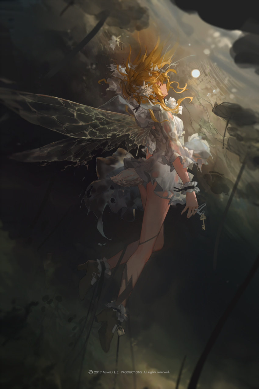 1girl 2017 antennae artist_name black_shoes blonde_hair closed_eyes closed_mouth commentary dress dutch_angle english fairy flower from_side full_body hair_flower hair_ornament high_heels highres insect_wings key light_particles lock long_hair mivit number original padlock plant profile shoes solo tail torn_wings underwater watermark white_dress wings wrist_cuffs