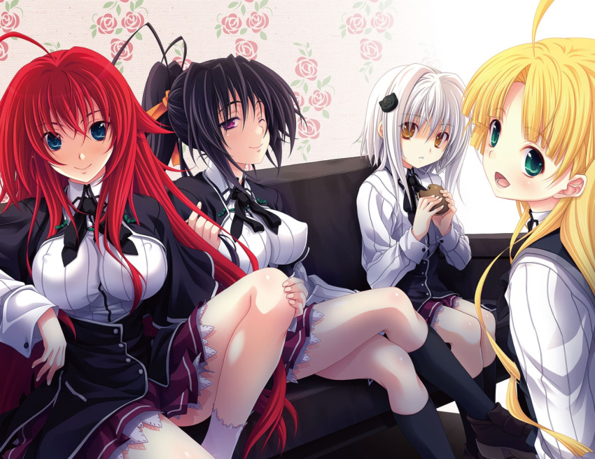 3girls ahoge asia_argento black_hair black_legwear black_ribbon blonde_hair blue_eyes cat_hair_ornament couch covered_navel eyebrows_visible_through_hair foog green_eyes hair_between_eyes hair_ornament hair_ribbon high_ponytail high_school_dxd himejima_akeno holding legs_crossed long_hair looking_at_viewer miyama-zero multiple_girls novel_illustration official_art one_eye_closed open_mouth orange_ribbon pleated_skirt purple_skirt redhead rias_gremory ribbon school_uniform silver_hair skirt smile toujou_koneko violet_eyes white_legwear