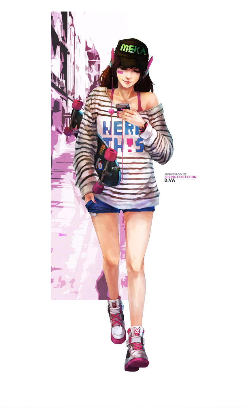 1girl absurdres alternate_facial_mark artist_name black_hair black_hat blue_shorts brown_hair casual character_name closed_mouth commentary d.va_(overwatch) denim denim_shorts facial_mark fingernails full_body hand_in_pocket hat headset highres holding holding_phone horizontal_stripes lips long_hair looking_at_phone looking_down monori_rogue nail_polish nerf_this off-shoulder_shirt overwatch phone pink_nails shirt shoes short_shorts shorts skateboard sneakers striped striped_shirt tank_top text thighs white_shirt window
