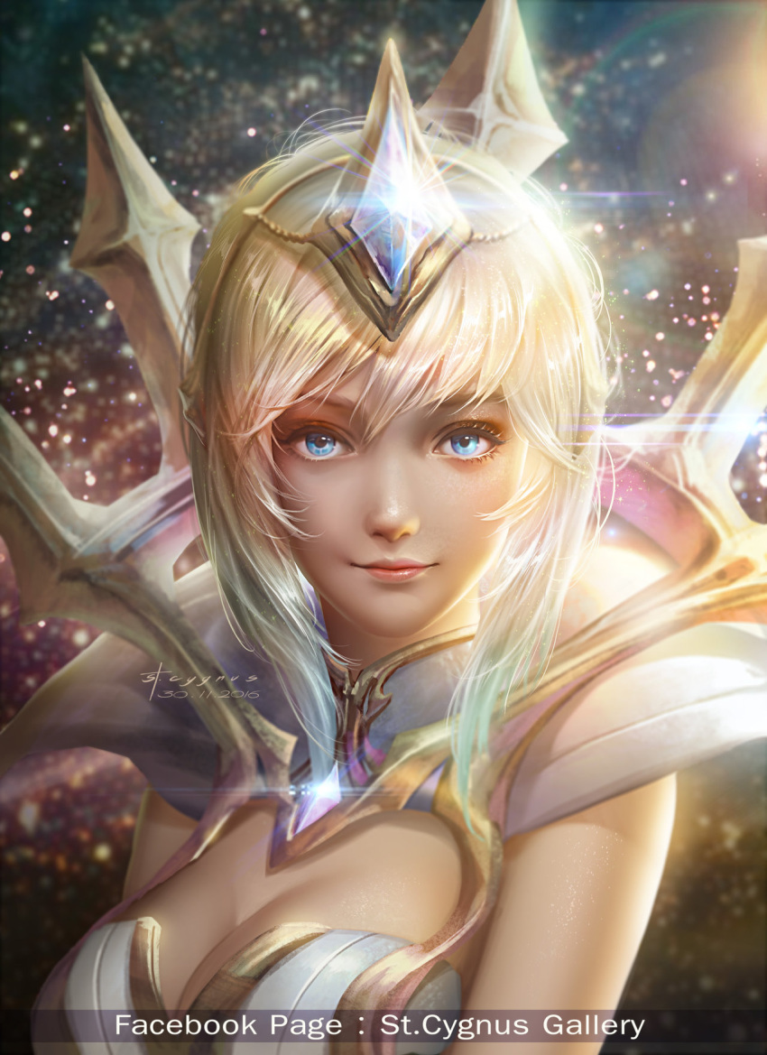 1girl blonde_hair blue_eyes breasts cleavage cleavage_cutout collar dated elementalist_lux eyelashes facebook_username hair_ornament highres large_breasts league_of_legends light_smile looking_at_viewer luxanna_crownguard nutthapon_petchthai short_hair signature solo spiked_collar spikes tiara