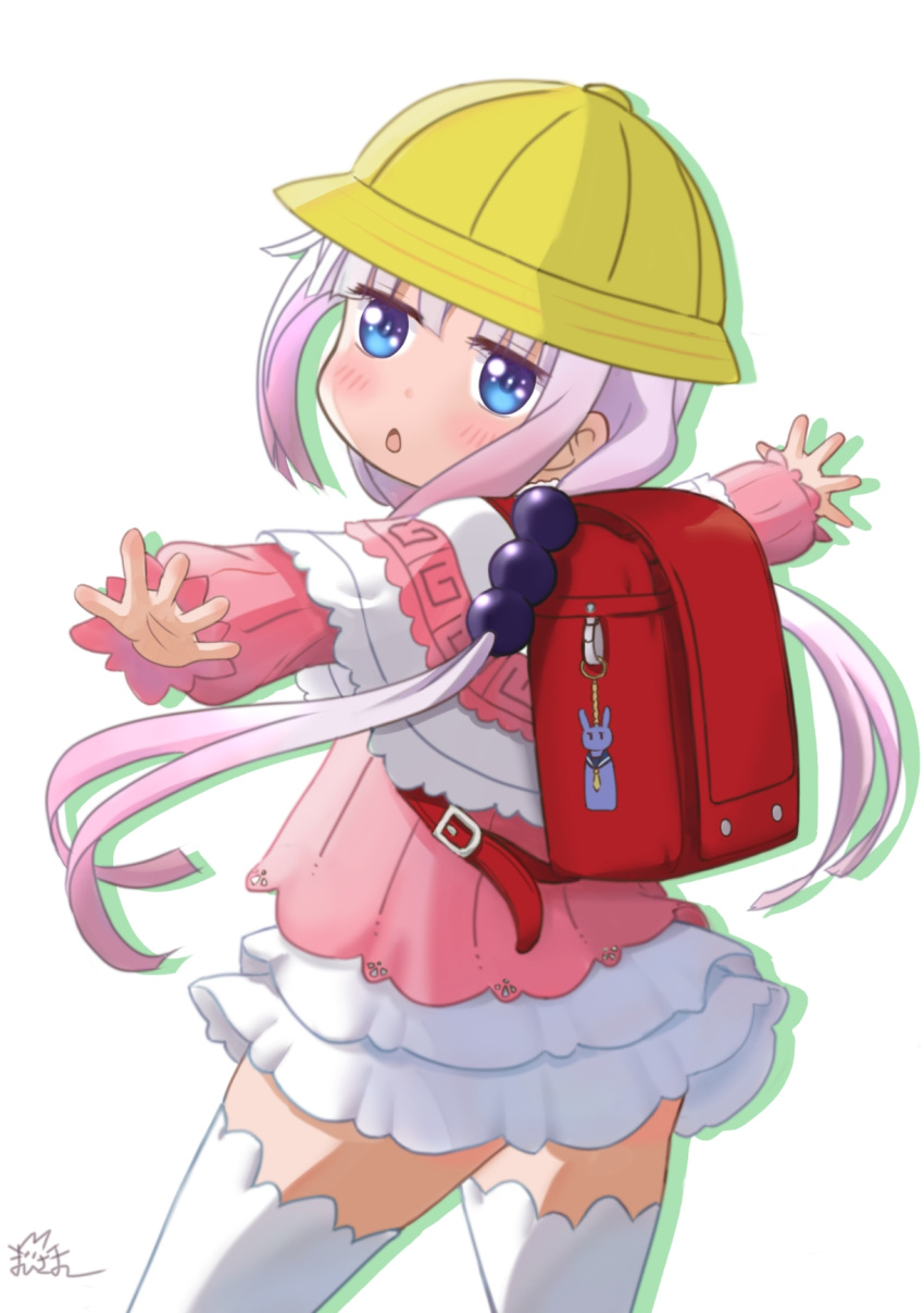 1girl backpack bag blue_eyes chestnut_mouth commentary_request hair_bobbles hair_ornament hat highres kanna_kamui kobayashi-san_chi_no_maidragon lavender_hair long_hair looking_at_viewer low_twintails maisama outstretched_arms randoseru school_hat simple_background solo spread_arms thigh-highs twintails white_background zettai_ryouiki