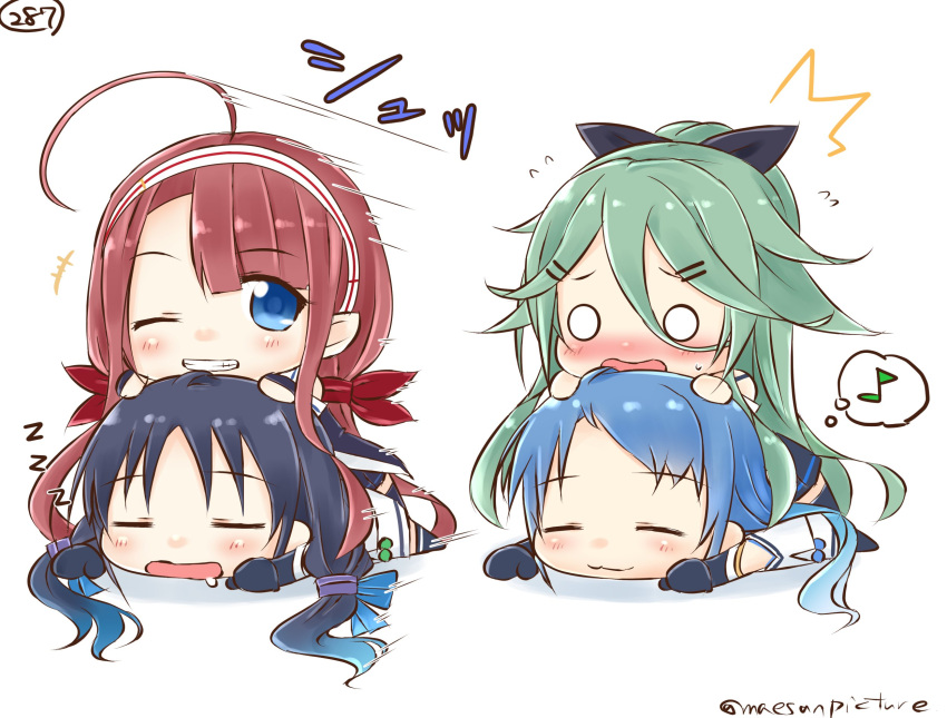 4girls blue_hair commentary commentary_request eyebrows_visible_through_hair flying_sweatdrops gloves gradient_hair green_hair grin hair_ornament hair_ribbon hairclip highres kantai_collection kawakaze_(kantai_collection) mae_(maesanpicture) multicolored_hair multiple_girls musical_note o_o redhead ribbon samidare_(kantai_collection) sleeping smile spoken_musical_note suzukaze_(kantai_collection) twitter_username yamakaze_(kantai_collection)