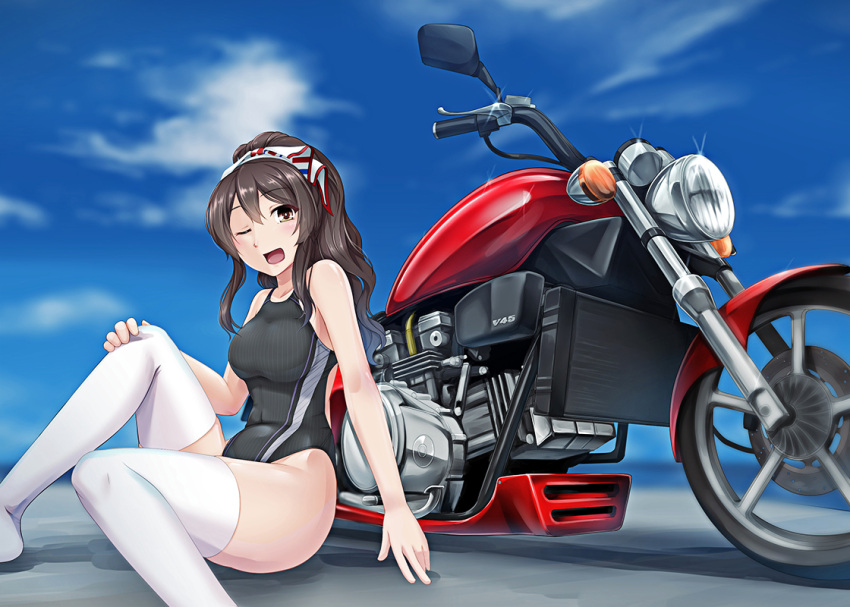 1girl 8000 ashigara_(kantai_collection) black_hair black_swimsuit brown_eyes competition_swimsuit ground_vehicle honda honda_v45_magna kantai_collection long_hair looking_at_viewer motor_vehicle motorcycle one-piece_swimsuit one_eye_closed open_mouth ponytail sitting smile solo swimsuit white_legwear