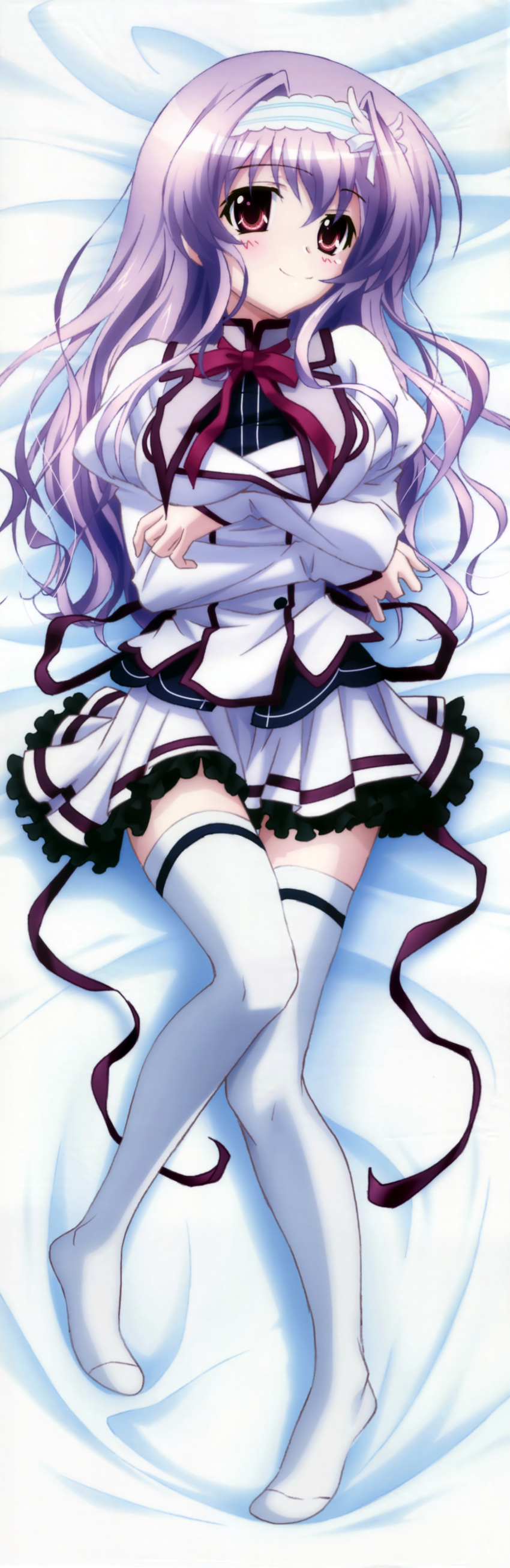 1girl absurdres amaha_miu artist_request blush breasts dakimakura eyebrows_visible_through_hair female full_body hairband headband highres huge_filesize legs long_image long_sleeves looking_at_viewer lying mashiroiro_symphony purple_hair red_eyes school_uniform shiny_hair skirt smile solo tall_image thigh-highs white_legwear