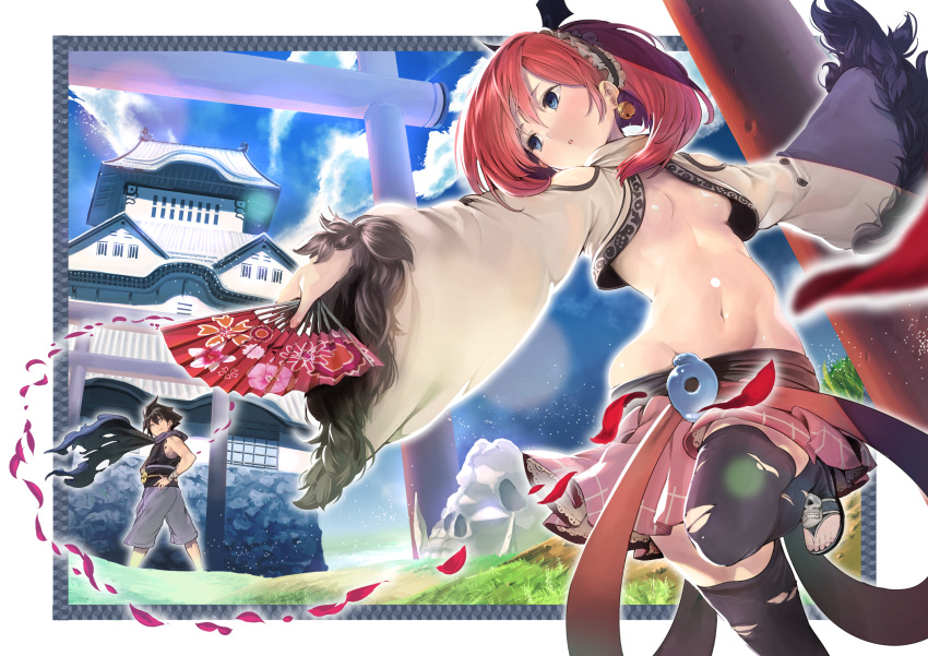 1boy 1girl architecture bell blue_eyes blurry blush border breasts breasts_apart brown_hair cape closed_mouth depth_of_field east_asian_architecture fan floral_print folding_fan fur_trim goiro_(doukutsuwa) grass groin hair_between_eyes hairband head_tilt highres holding holding_fan jingle_bell leg_up lolita_hairband looking_back navel original outstretched_arm parted_lips petals ponytail red_skirt redhead sandals skirt skull small_breasts smile standing thigh-highs torii torn_cape torn_clothes torn_thighhighs wide_sleeves