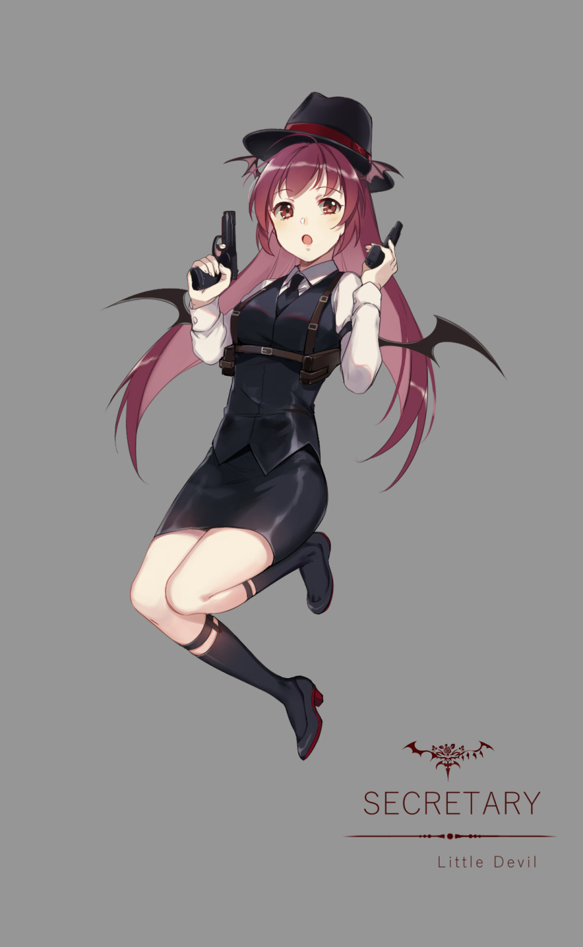 1girl armpit_holster bangs bat_wings belt black_legwear black_necktie black_shoes black_skirt black_vest breasts character_name collared_shirt contemporary demon_wings ekira_nieto english full_body grey_background gun handgun head_wings high_heels highres holding holding_gun holding_weapon holster jumping kneehighs koakuma long_hair long_sleeves looking_at_viewer medium_breasts miniskirt necktie pencil_skirt redhead shirt shoes simple_background skirt solo touhou vest weapon white_shirt wings