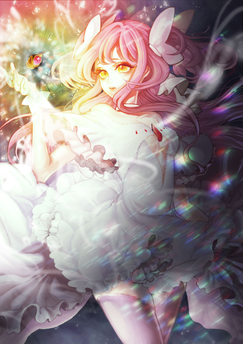 1girl absurdres bare_shoulders bow choker cowboy_shot dress frilled_dress frills gloves glowing goddess_madoka hair_bow highres kaname_madoka mahou_shoujo_madoka_magica open_mouth pink_hair solo soul_gem thigh-highs two_side_up white_bow white_dress white_gloves yellow_eyes yuwa_(beenu46) zettai_ryouiki