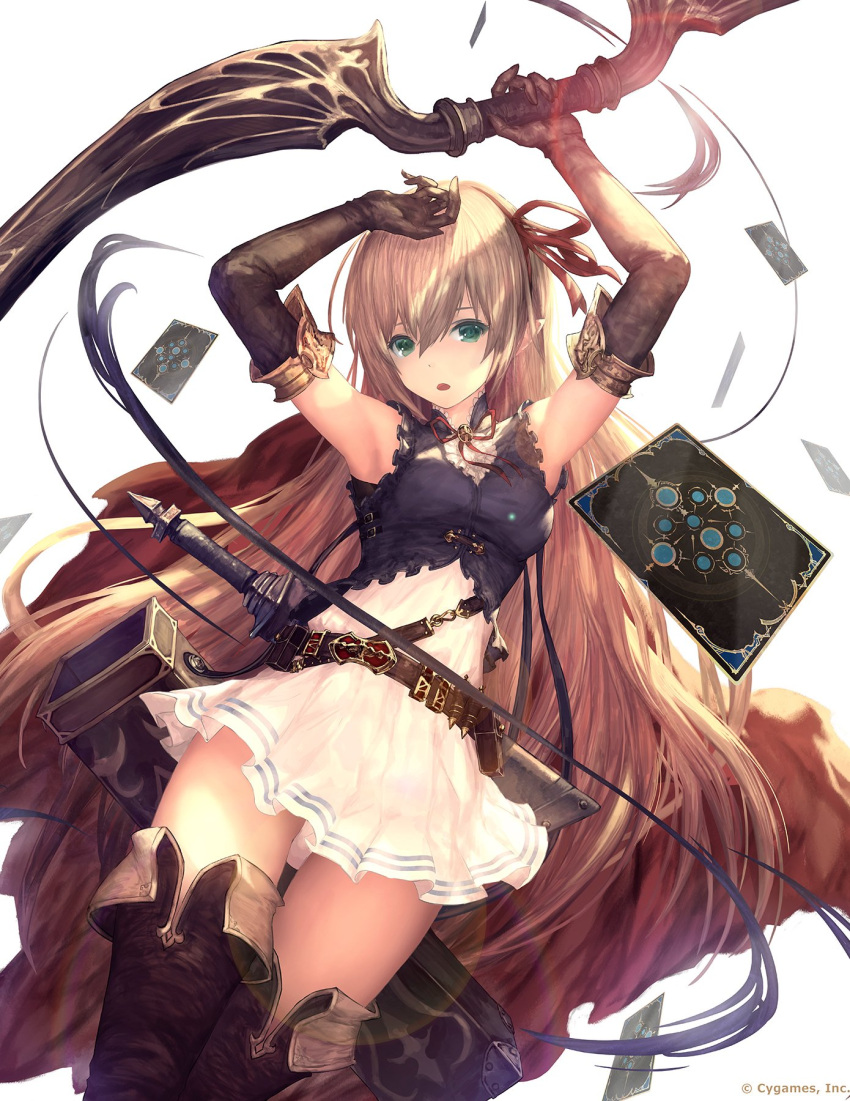 1girl arisa_(shadowverse) belt blonde_hair bow_(weapon) breasts cape card cygames elbow_gloves elf gloves green_eyes hair_ribbon highres long_hair looking_at_viewer open_mouth pleated_skirt pointy_ears red_ribbon ribbon shadowverse sheath sheathed skirt solo sword tachikawa_mushimaro thigh-highs watermark weapon