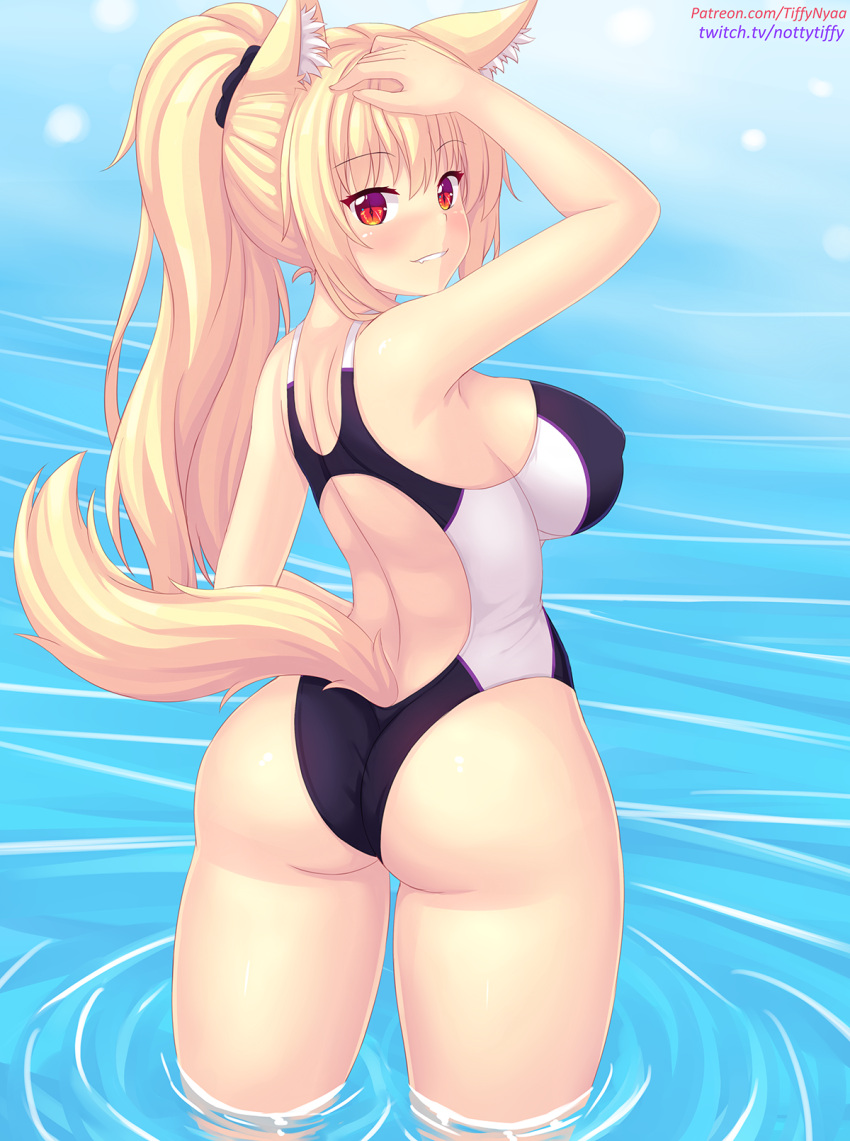 1girl animal_ear_fluff animal_ears arm_up ass bangs bare_arms bare_shoulders blonde_hair blush breasts cat_ears cat_girl cat_tail competition_swimsuit covered_nipples eyebrows_visible_through_hair from_behind hair_tie hand_on_own_head highres in_water large_breasts long_hair looking_at_viewer looking_back nottytiffy one-piece_swimsuit original parted_lips patreon_username ponytail red_eyes slit_pupils smile solo standing swimsuit swimwear tail thighs tiffy_(nottytiffy) twitch_username