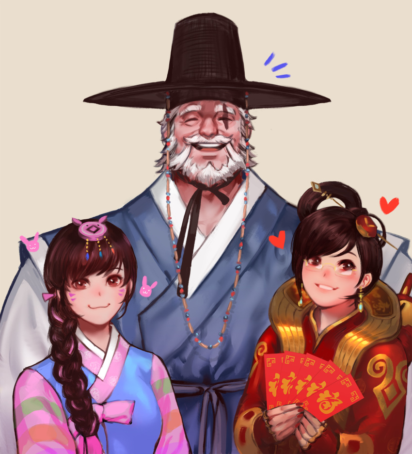 1boy 2girls :3 alternate_costume alternate_hairstyle beard braid brown_eyes brown_hair card chinese_clothes closed_eyes commentary d.va_(overwatch) earrings facepaint facial_hair glasses hair_ornament hair_stick hanbok hat heart highres holding jewelry korean_clothes long_hair looking_at_viewer mei_(overwatch) multiple_girls nail_polish open_mouth overwatch red_nails reinhardt_(overwatch) short_hair simple_background single_braid smile tan_background traditional_clothes upper_body whisker_markings white_hair yy6242