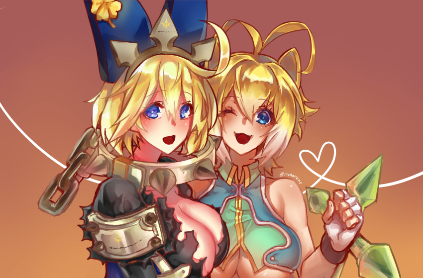 2girls :d ;d absurdres ahoge alternate_color alternate_eye_color alternate_hair_color althea_jade animal_ears antenna_hair artist_name blazblue blonde_hair blue_eyes breasts chains cleavage collar crop_top elphelt_valentine fingerless_gloves gloves guilty_gear guilty_gear_xrd highres large_breasts looking_at_viewer makoto_nanaya metal_collar multicolored_hair multiple_girls one_eye_closed open_mouth revealing_clothes smile spiked_collar spikes squirrel_ears tonfa two-tone_hair under_boob weapon