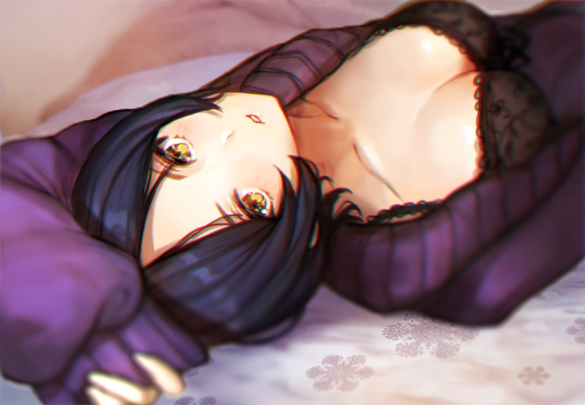 1girl bed_sheet black_bra black_hair blurry bra breasts cleavage clothes_pull collarbone depth_of_field hayami_kanade idolmaster idolmaster_cinderella_girls lace lace-trimmed_bra long_sleeves looking_at_viewer lying medium_breasts mia_(miaflocon) on_back on_bed parted_lips purple_sweater short_hair sleeves_past_wrists snowflake_print solo sweater sweater_pull underwear upper_body yellow_eyes