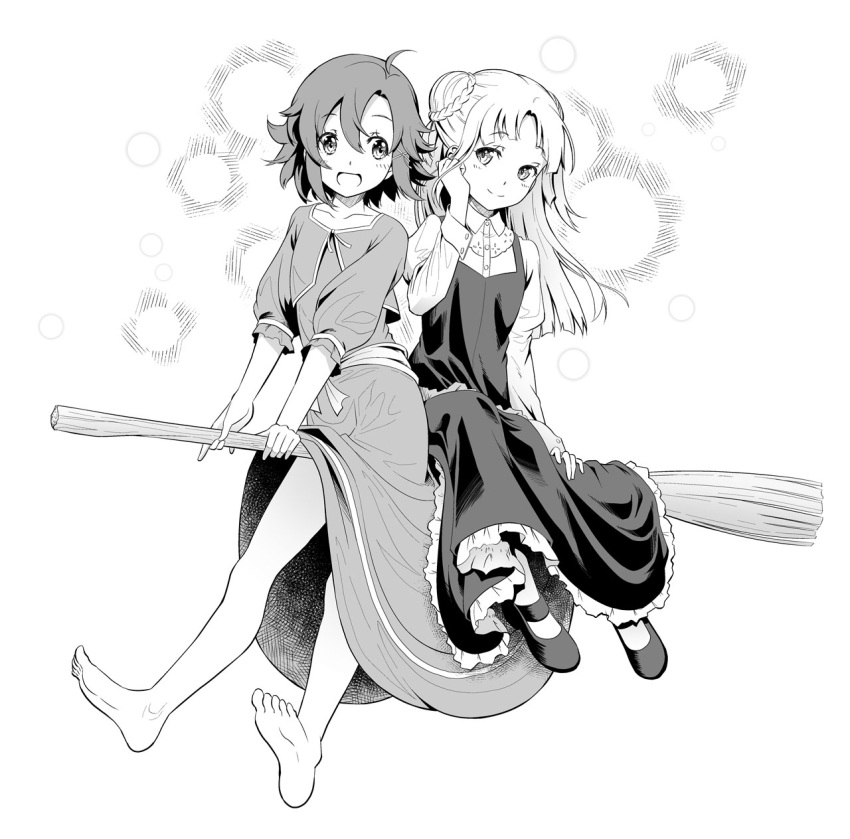 2girls barefoot blush braid broom broom_riding closed_mouth collarbone collared_shirt dress feet full_body hair_between_eyes head_tilt highres izetta juliet_sleeves long_hair long_sleeves looking_at_another mary_janes monochrome multiple_girls ortfine_fredericka_von_eylstadt pinakes puffy_sleeves shirt shoes short_hair shuumatsu_no_izetta sidesaddle sitting smile white_shirt wing_collar witch wrist_cuffs
