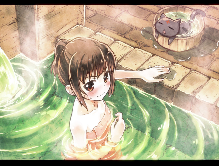 1girl alternate_hairstyle animal bangs bath bathing bathroom bathtub black_cat bucket buckle cat chomusuke closed_eyes closed_mouth collarbone facial_mark flat_chest floor forehead_mark from_above in_bucket in_container kono_subarashii_sekai_ni_shukufuku_wo! letterboxed looking_at_viewer megumin naked_towel partially_submerged ponytail puddle ripples running_bond sakino_shingetsu sidelocks steam towel upper_body water wavy_mouth wet wet_floor wet_hair wooden_bucket