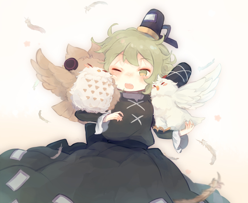 1girl animalization ashiyu_(ashu-ashu) beak bird blush blush_stickers chicken dress earmuffs fang feathers green_dress green_eyes green_hair hat mononobe_no_futo one_eye_closed open_mouth owl soga_no_tojiko tate_eboshi touhou toyosatomimi_no_miko