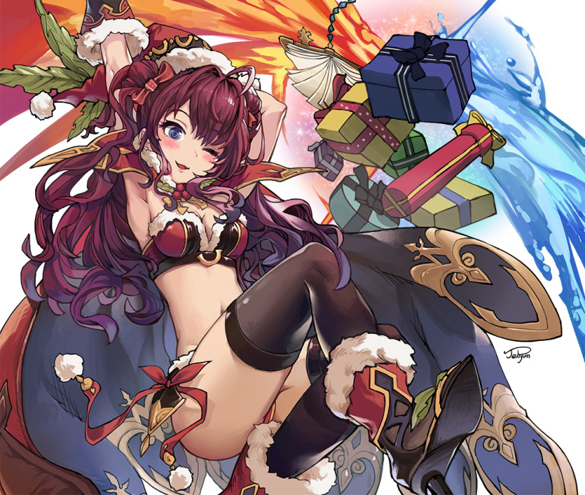 1girl :3 ahoge armpits arms_up black_gloves black_legwear blue_eyes blush boots box breasts brown_hair cape clarisse_(granblue_fantasy) clarisse_(granblue_fantasy)_(cosplay) commentary_request cosplay gift gift_box gloves granblue_fantasy hat high_heel_boots high_heels ichinose_shiki idolmaster idolmaster_cinderella_girls long_hair navel one_eye_closed santa_hat sjh skirt smile solo thigh-highs twintails