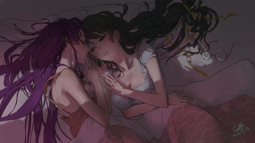 2016 2girls arm bakemonogatari bare_arms bare_shoulders bed bed_sheet black_hair blanket breasts cleavage closed_eyes closed_mouth collarbone couple dated ears eyebrows female futon glasses glasses_removed hair_down hair_ribbon hands_together hanekawa_tsubasa highres large_breasts long_hair lying md5_mismatch monogatari_(series) multiple_girls mutual_yuri neck nightgown nose on_back on_bed on_side open_clothes parted_lips pillow purple_hair ribbon sakuraga_ochiru senjougahara_hitagi shared_blanket sleeping sleepwear smile under_covers upper_body yuri