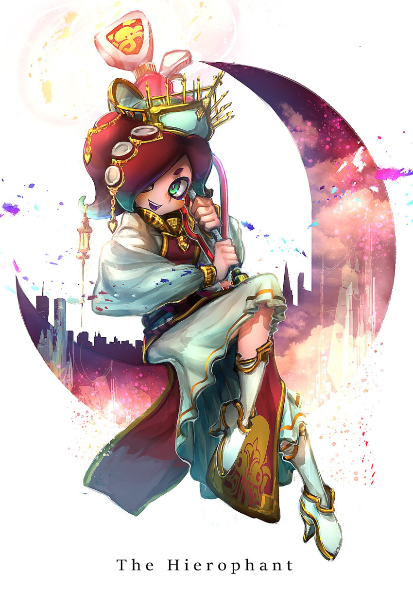 1girl boots classic_squiffer_(splatoon) crown dress english full_body green_eyes hair_over_one_eye highres holding holding_weapon kashu_(hizake) long_dress octarian open_mouth red_dress redhead short_hair sitting smile solo splatoon takozonesu tarot tentacle_hair the_hierophant weapon white_background white_boots