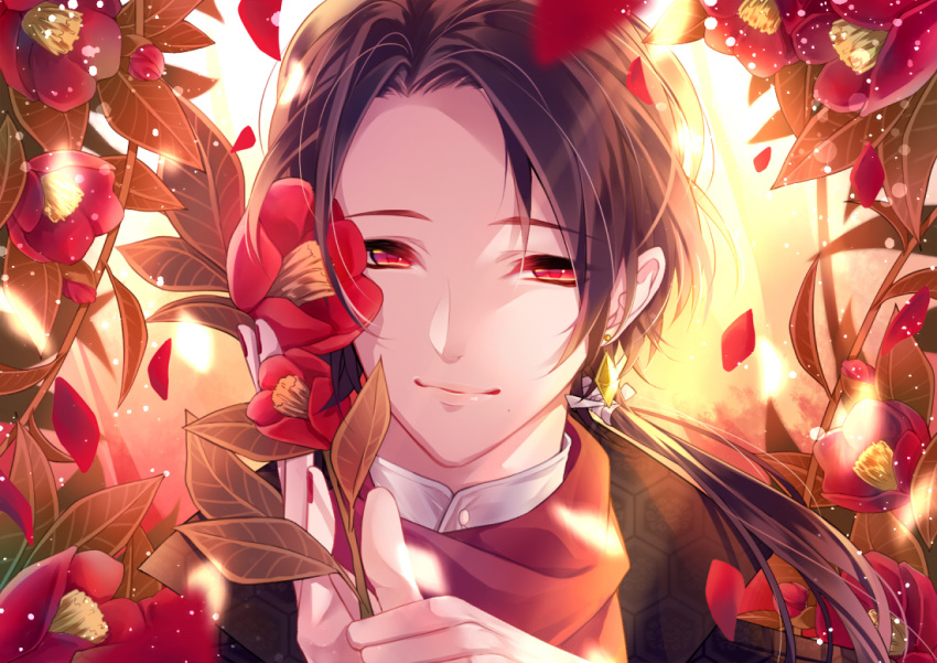 1boy bangs blurry brown_hair camellia_(flower) closed_mouth crystal_earrings earrings eyebrows_visible_through_hair flower hair_ornament holding holding_flower jewelry kashuu_kiyomitsu kikkoumon light_particles long_hair looking_at_viewer male_focus miyata_mozuku mole mole_under_mouth nail_polish petals ponytail red red_eyes red_flower red_nails red_scarf scarf smile solo sunlight touken_ranbu upper_body