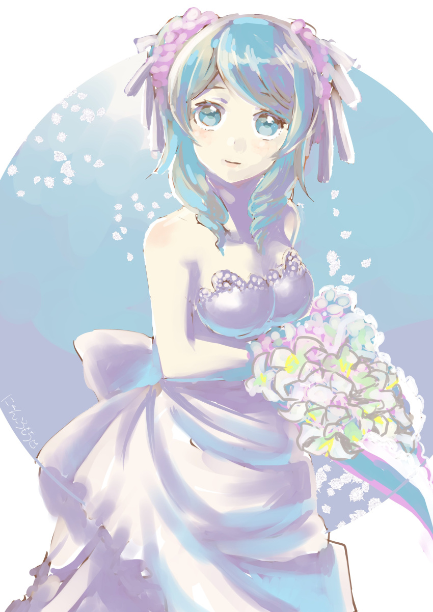 1girl absurdres alternate_hairstyle bare_shoulders blue_eyes blue_hair bouquet breasts dress drill_hair expressionless flower hair_ornament highres kantai_collection misacho_(misa1001) solo twin_drills urakaze_(kantai_collection) wedding_dress