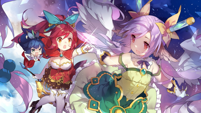 3girls :d aqua_bow blue_hair bow breasts cape choker cleavage dress eyebrows_visible_through_hair feathered_wings frilled_dress frills gloves green_dress hair_bobbles hair_bow hair_ornament hand_holding high_ponytail highres long_hair medium_breasts multiple_girls neck_ribbon open_mouth orange_eyes original purple_hair purple_ribbon red_eyes redhead ribbon saru short_hair_with_long_locks side_ponytail sleeveless sleeveless_dress small_breasts smile thigh-highs white_gloves white_legwear white_wings wings