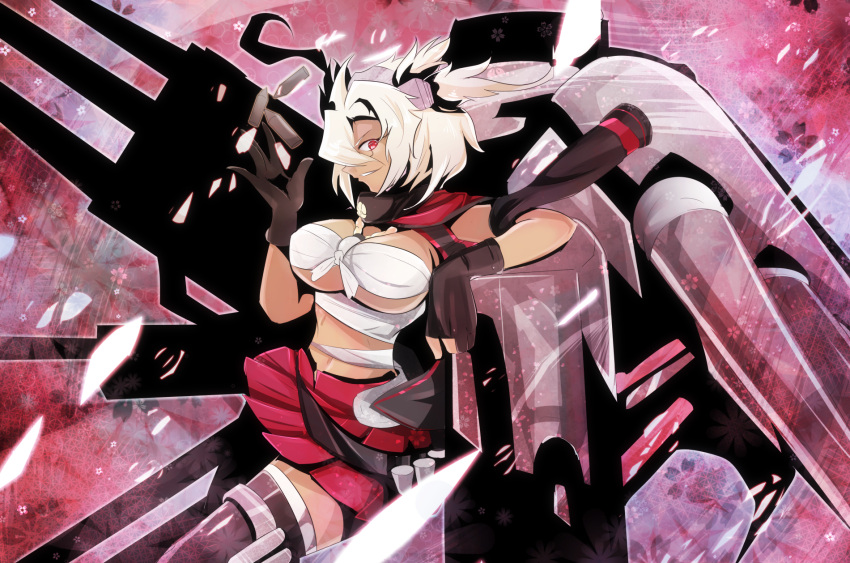 1girl arm_rest black_gloves breasts budget_sarashi cannon gloves highres kantai_collection kuro_nasu large_breasts machinery miniskirt mismatched_gloves musashi_(kantai_collection) navel partly_fingerless_gloves pleated_skirt profile red_eyes sarashi short_hair_with_long_locks skirt smile solo thigh-highs twintails white_hair zettai_ryouiki