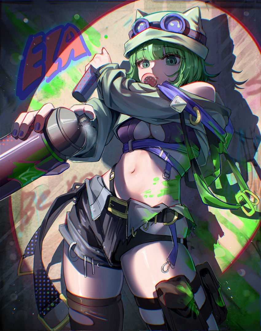 1girl arknights ela_(rainbow_six_siege) ela_(safehouse)_(rainbow_six_siege) goggles goggles_on_headwear graffiti green_eyes green_hair hat highres looking_at_viewer miraeearim paint_on_body rainbow_six_siege spray_can