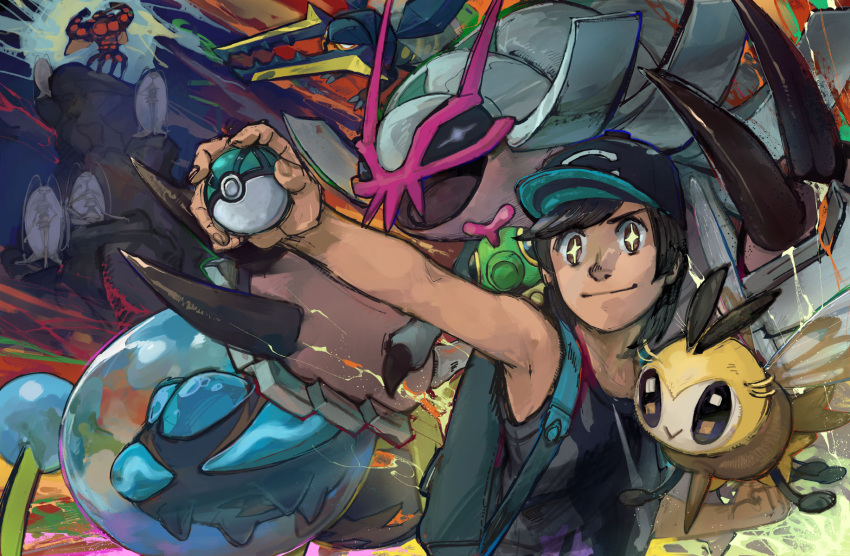 &gt;:) +_+ 1boy :&gt; antennae araquanid backpack bag bangs bare_arms bare_shoulders baseball_cap beetle black_hair black_hat black_shirt brown_eyes brown_scarf buzzwole caterpie caterpillar clenched_hand closed_mouth cockroach fingernails flexing flying full_moon golisopod hand_on_hip hat highres holding holding_poke_ball insect insect_wings isopod male_protagonist_(pokemon_sm) mandibles minato_niku_(cr666) moon muscle net_ball on_shoulder open_mouth parted_bangs pheromosa poke_ball pokemon pokemon_(creature) pokemon_(game) pokemon_sm pose ribombee scarf shirt short_hair sitting smile spider standing tank_top ultra_beast vikavolt water wings