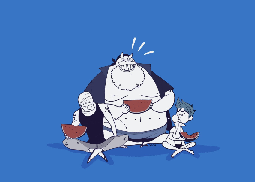 3boys arm_tattoo beard blink_mints blue_background blue_hair commentary_request eating facial_hair fish_boy food franky_(one_piece) fruit highres holding holding_food holding_fruit holding_watermelon iceburg indian_style korean_commentary laughing male_focus multiple_boys one_piece open_clothes open_shirt shadow simple_background sitting tattoo tom_(one_piece) watermelon watermelon_slice