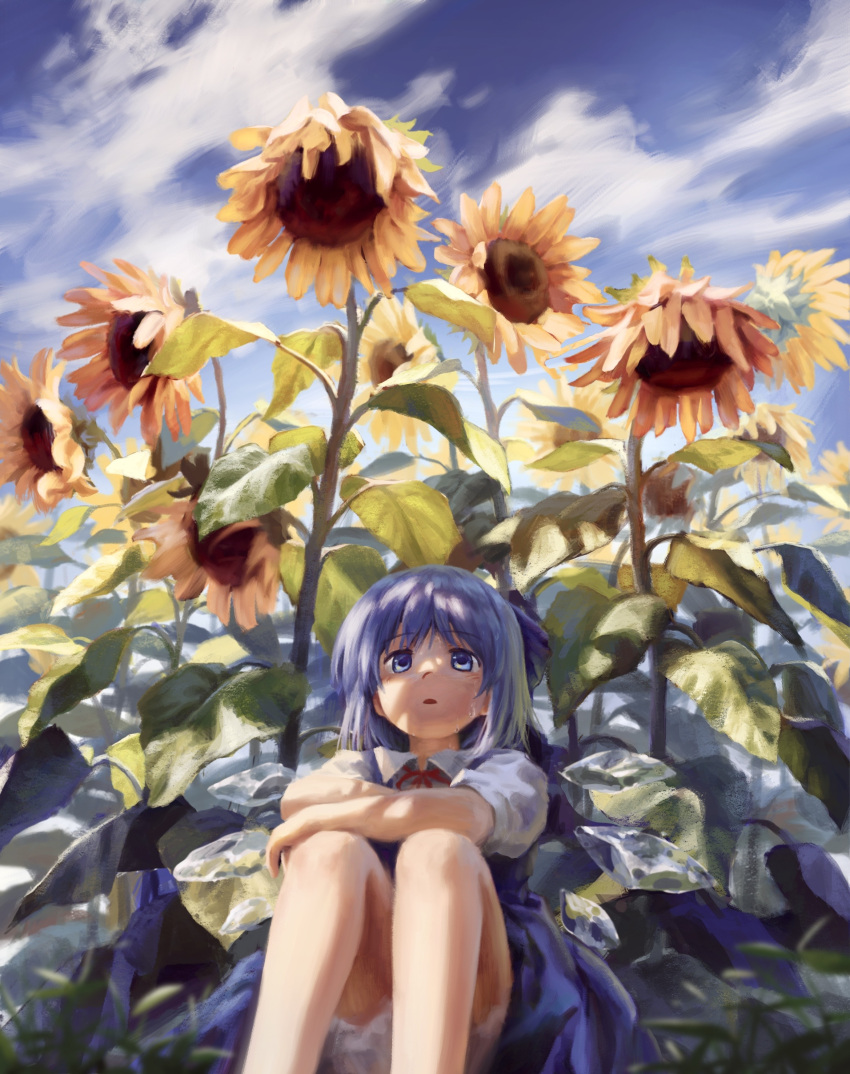 1girl absurdres arm_on_knee bloomers blue_bow blue_dress blue_eyes blue_hair blue_sky bow bowtie cirno clouds collared_shirt commentary_request dappled_sunlight day detached_wings dress fairy fairy_wings feet_out_of_frame flower hair_bow highres ice ice_wings medium_hair outdoors parted_lips pinafore_dress puffy_short_sleeves puffy_sleeves satellitedragon shirt short_sleeves sitting sky sleeveless sleeveless_dress solo sunflower sunlight sweatdrop touhou white_bloomers white_shirt wings