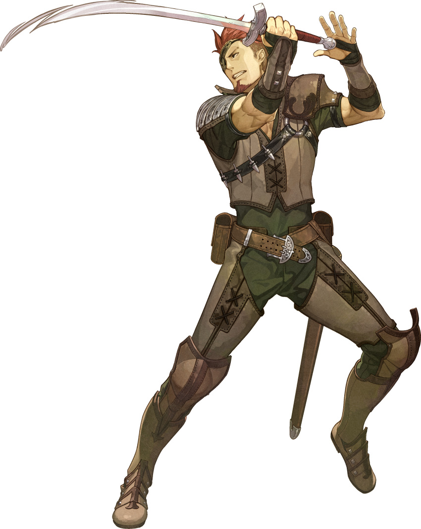 1boy absurdres beard belt boots eyepatch facial_hair fire_emblem fire_emblem_echoes fire_emblem_echoes:_mou_hitori_no_eiyuuou full_body hidari_(left_side) highres holding holding_sword holding_weapon male_focus official_art red_eyes redhead savor solo sword teeth transparent_background weapon