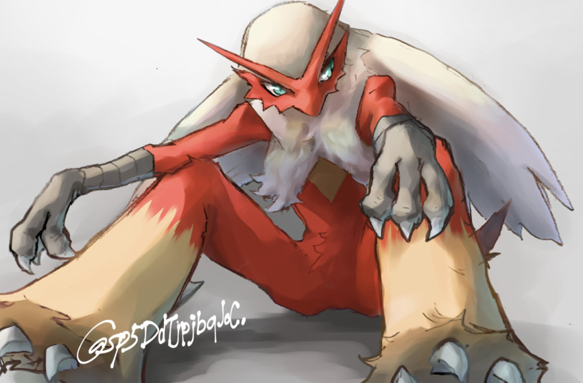 arm_on_knee arm_rest beak blaziken blue_eyes claws feathers highres knees_up looking_to_the_side multicolored_feathers no_humans on_floor pokemon pokemon_(creature) pokemon_focus red_feathers sitting solo sq_5be white_feathers yellow_feathers