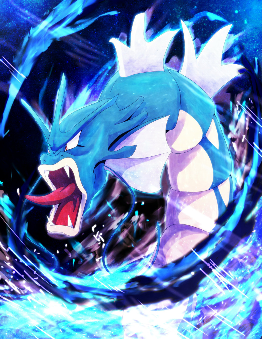 fangs gyarados highres kuro_nasu no_humans open_mouth pokemon pokemon_(creature) red_eyes solo tongue tongue_out waves whiskers