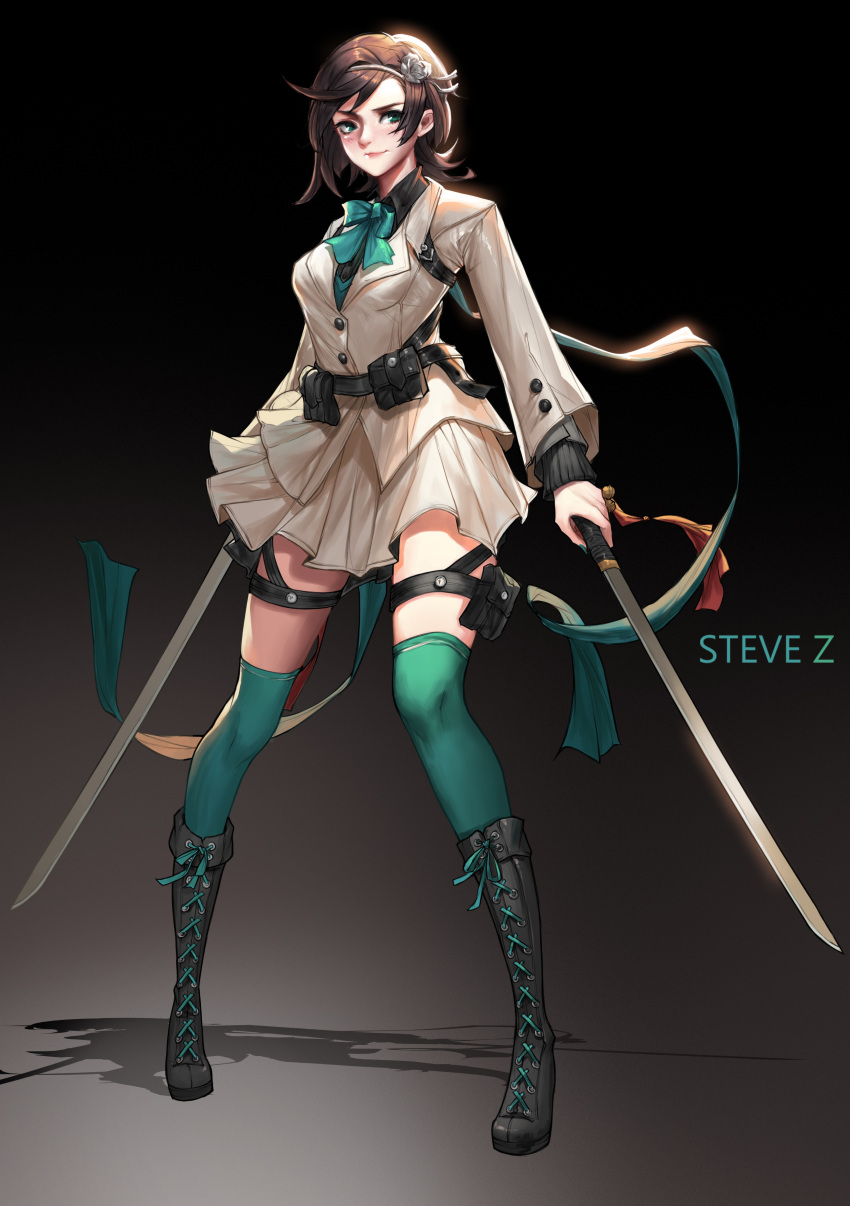 1girl 7th_dragon_(series) 7th_dragon_iii absurdres aqua_legwear artist_name bangs bell belt belt_pouch black_boots black_shirt boots bow bowtie brown_hair buttons closed_mouth collared_shirt cross-laced_footwear dress_shirt dual_wielding fingernails flower full_body gradient gradient_background green_bow green_bowtie green_eyes green_legwear green_nails green_ribbon hair_flower hair_ornament hairband high_heels highres holding holding_sword holding_weapon holster jacket jingle_bell katana knee_boots kneeboots lace-up_boots legs_apart lips long_sleeves looking_to_the_side nail_polish nose pink_lips pleated_skirt ribbon rose samurai_(7th_dragon_iii) school_uniform shadow sheath shirt short_hair skirt skirt_set smile solo standing steve_zheng sword thigh-highs thigh_holster thigh_strap unsheathed weapon white_rose