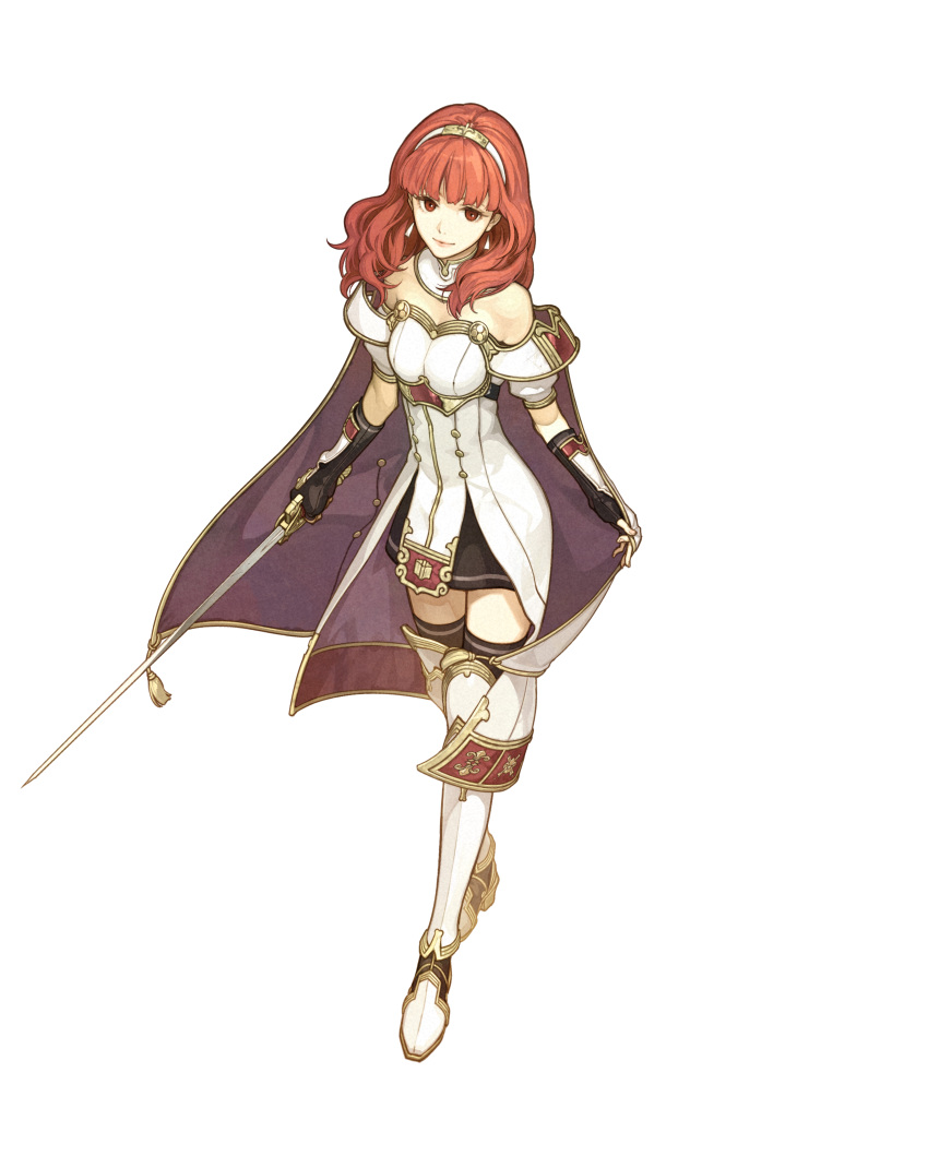 1girl absurdres armor bangs bare_shoulders celica_(fire_emblem) closed_mouth female fire_emblem fire_emblem_echoes fire_emblem_echoes:_mou_hitori_no_eiyuuou full_body gloves hairband hidari_(left_side) highres holding holding_sword holding_weapon looking_at_viewer off_shoulder official_art red_eyes redhead simple_background solo sword thigh-highs thighhighs transparent_background weapon zettai_ryouiki