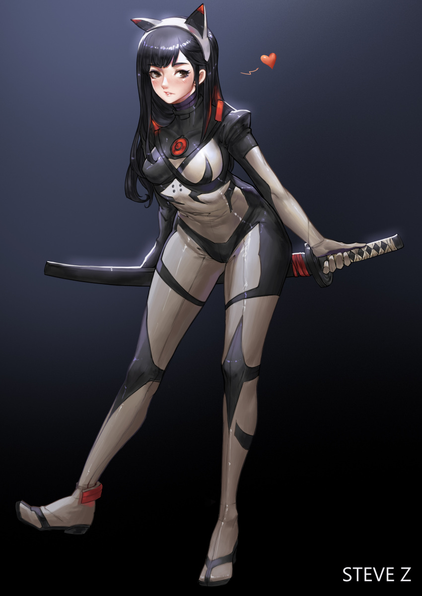 1girl absurdres animal_ears artist_name bangs black_hair blush bodysuit breasts brown_eyes cat_ears eyelashes fake_animal_ears full_body gradient gradient_background heart highres holding holding_sword holding_weapon katana legs_apart long_hair long_sleeves looking_to_the_side medium_breasts original parted_lips scabbard sheath sheathed skin_tight solo spoken_heart standing standing_on_one_leg steve_zheng sword teeth turtleneck weapon weapon_on_back
