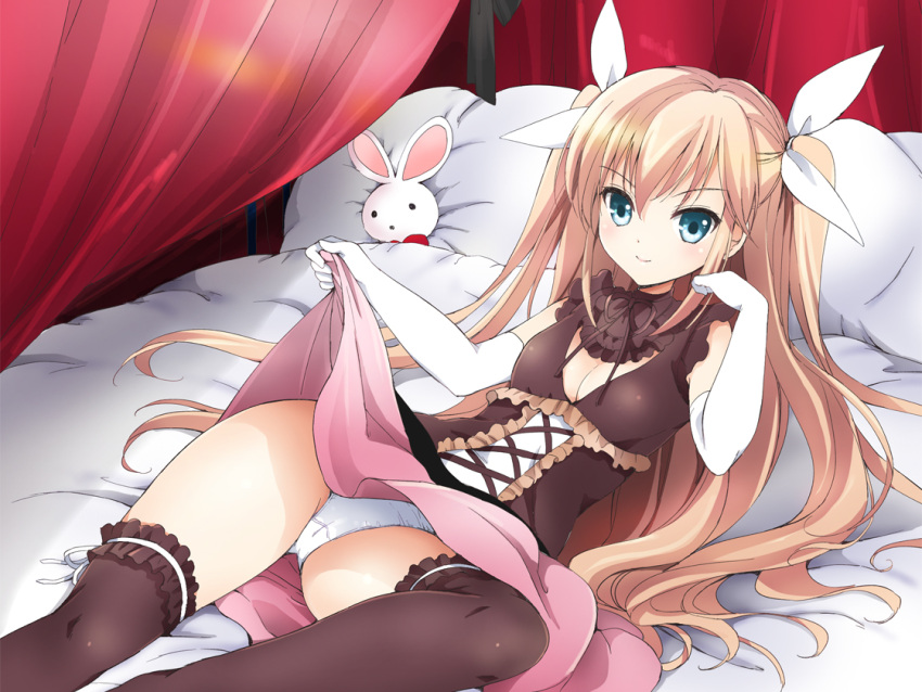 1girl bed black_legwear blonde_hair blue_eyes breasts cleavage elbow_gloves gloves hair_ribbon indoors kurimomo lace lace-trimmed_thighhighs long_hair looking_at_viewer original panties pillow pink_skirt ribbon skirt skirt_lift small_breasts smile solo tachi-e thigh-highs two_side_up underwear white_gloves white_panties white_ribbon