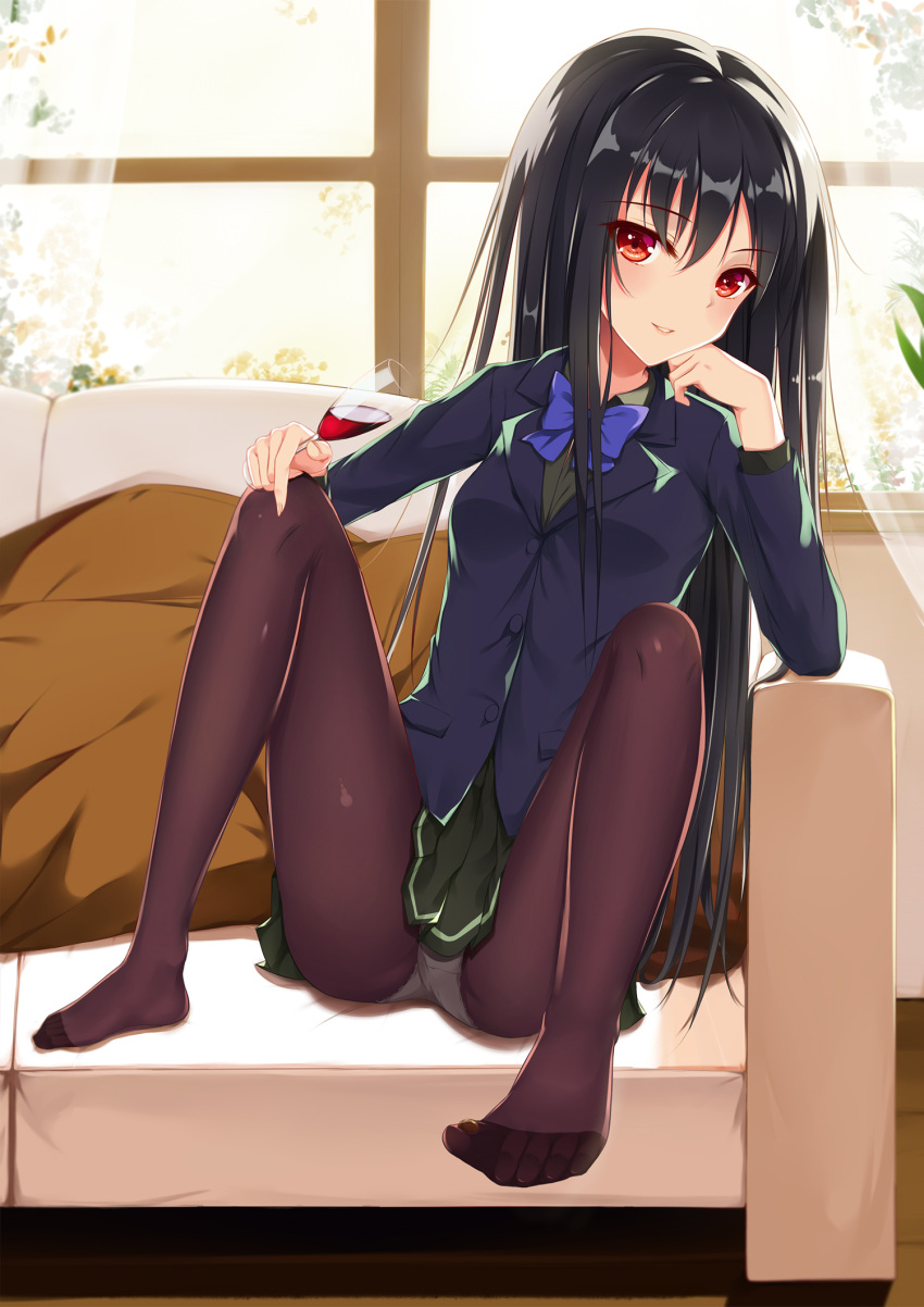 1girl accel_world arm_support black_hair black_legwear couch feet flan_(seeyouflan) green_skirt highres indoors kuroyukihime long_hair looking_at_viewer no_shoes panties panties_under_pantyhose pantyhose pleated_skirt red_eyes school_uniform sitting skirt solo toes underwear window