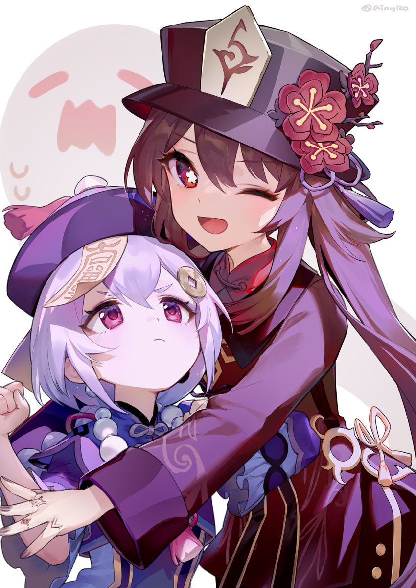 2girls :d =_= ainy bangs bead_necklace beads black_dress black_headwear brown_hair clenched_hand closed_mouth coin_hair_ornament commentary dress eyelashes flower flower-shaped_pupils genshin_impact ghost hand_up hat highres hu_tao_(genshin_impact) hug jewelry long_hair long_sleeves looking_at_another looking_at_viewer multiple_girls necklace nervous one_eye_closed open_mouth plum_blossoms pout purple_dress purple_hair purple_headwear qing_guanmao qiqi_(genshin_impact) red_eyes short_hair short_sleeves simple_background smile sweat symbol-shaped_pupils talisman twintails twitter_username upper_body violet_eyes white_background