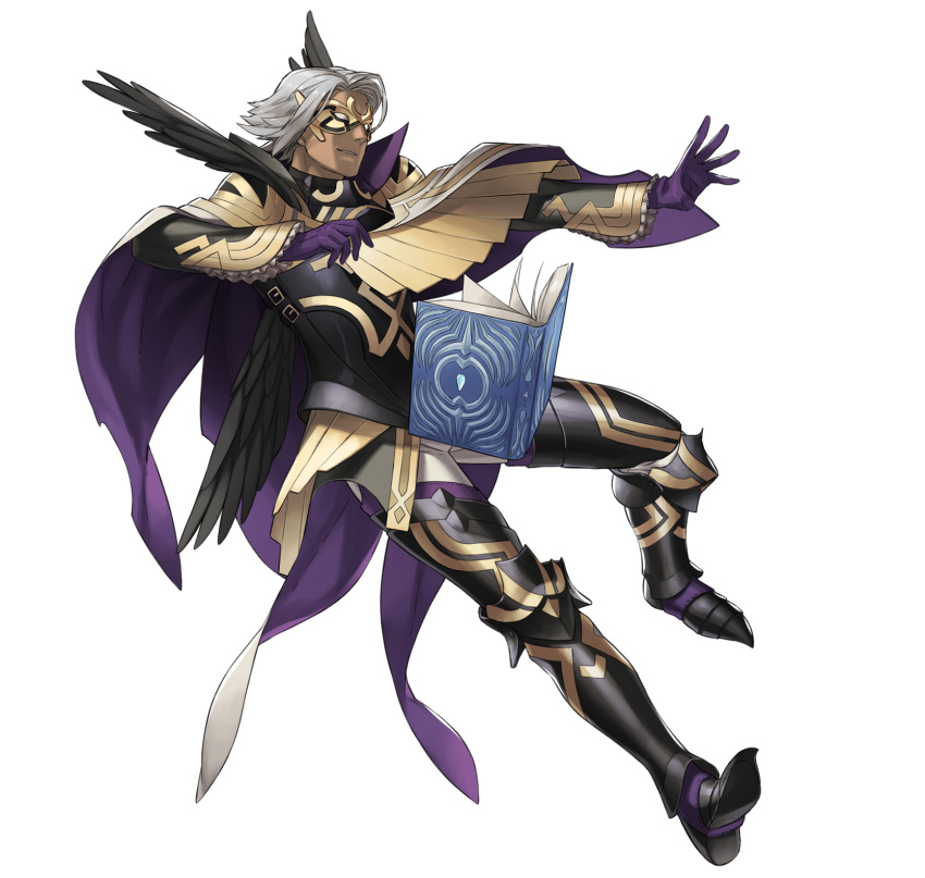 1boy armor armored_boots book boots cape dark_skin feathers fire_emblem fire_emblem_heroes full_body gloves highres kozaki_yuusuke male_focus mask mysterious_man_(fire_emblem) official_art solo teeth transparent_background white_hair