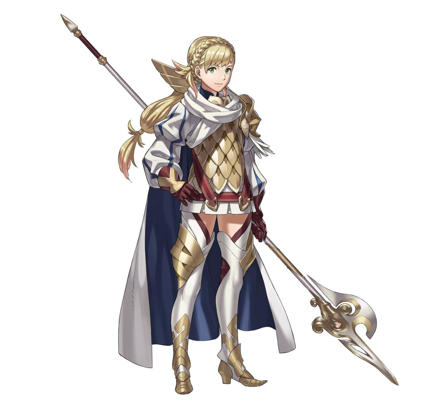 1girl armor boots braid cape fire_emblem fire_emblem_heroes full_body gloves green_eyes highres intelligent_systems kozaki_yuusuke long_hair low_ponytail nintendo official_art polearm sharena sharena_(fire_emblem) solo spear transparent_background weapon