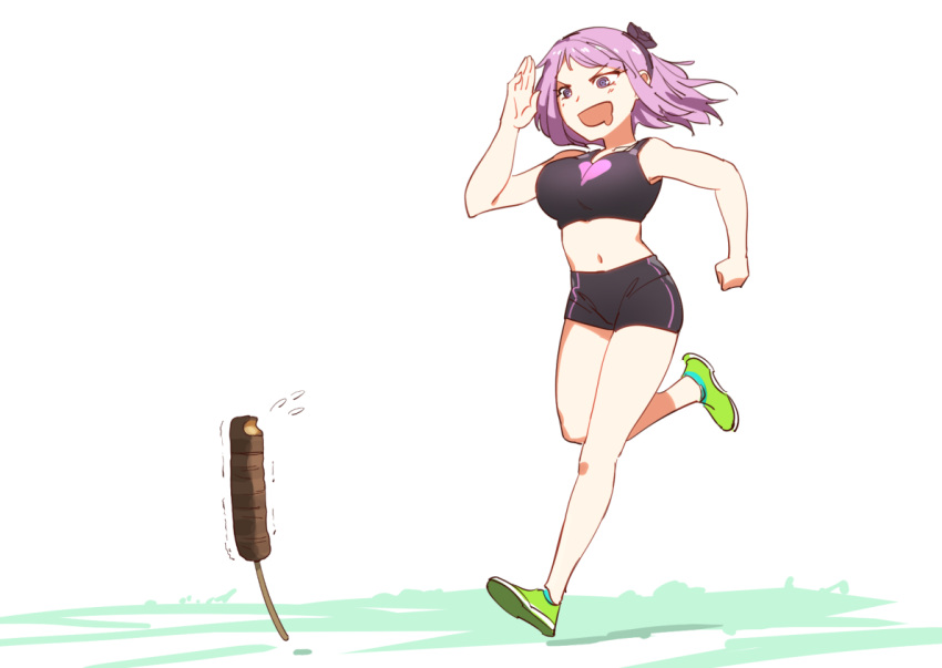 1girl cakefriend candy dagashi_kashi drooling food full_body midriff navel open_mouth purple_hair running shidare_hotaru shorts sportswear tagme violet_eyes white_background