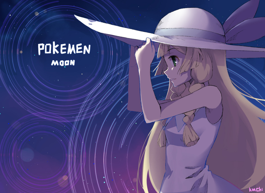 1girl artist_name bangs bare_arms bare_shoulders blonde_hair blue_ribbon blunt_bangs braid breasts collared_dress copyright_name dress engrish green_eyes hands_on_headwear hat hat_ribbon highres kamichi lillie_(pokemon) long_hair open_mouth pokemon pokemon_(game) pokemon_sm profile ranguage ribbon sideways_mouth sleeveless sleeveless_dress small_breasts solo sun_hat sundress twin_braids typo upper_body white_dress white_hat