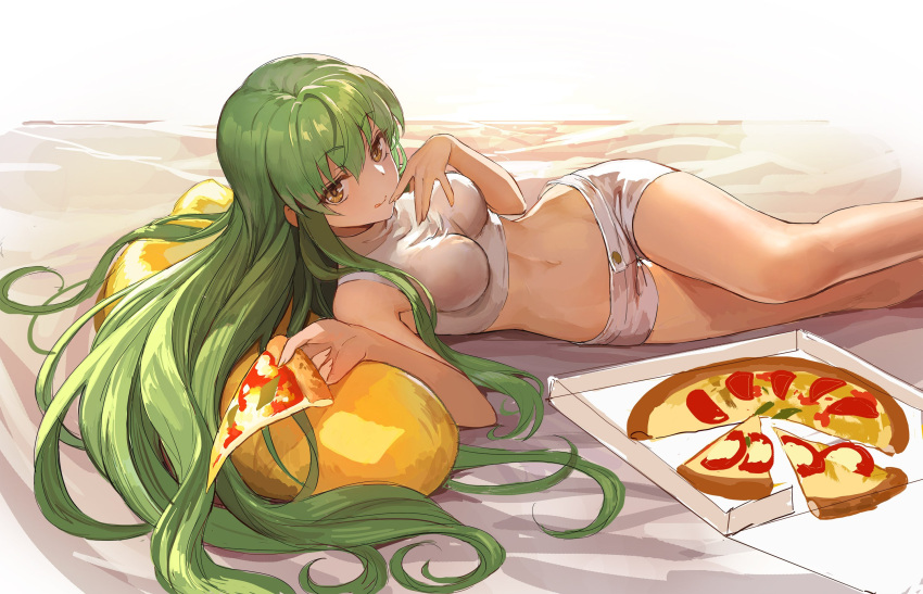 1girl baby-doll bare_shoulders bed_sheet breasts c.c. cheese-kun code_geass crop_top food green_hair groin highres hips impossible_clothes impossible_shirt licking_lips long_hair looking_at_viewer lying midriff navel on_bed on_side pillow pizza pizza_box shiny shiny_hair shiny_skin shirt short_shorts shorts sidelocks smile solo tongue tongue_out very_long_hair white_shorts yellow_eyes