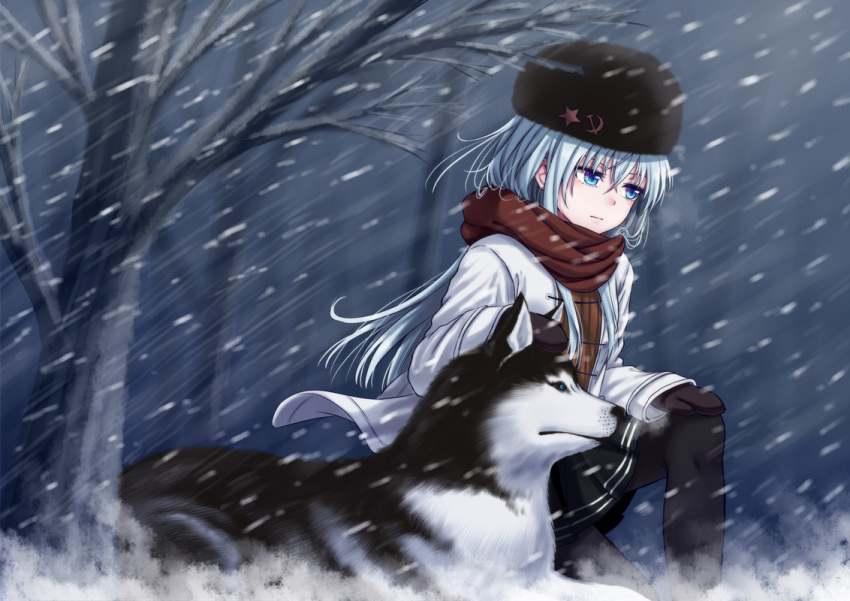 1girl animal bangs bare_tree black_hat black_legwear black_skirt blue_eyes blue_hair closed_mouth commentary_request dog enpera flat_cap flat_chest from_side hair_between_eyes hammer_and_sickle hat hibiki_(kantai_collection) jacket kantai_collection long_hair long_sleeves looking_away miniskirt mittens mizunashi_hayate motion_blur one_knee outdoors pantyhose pleated_skirt red_scarf scarf silver_hair skirt snow snowing star tree verniy_(kantai_collection) white_jacket wind winter