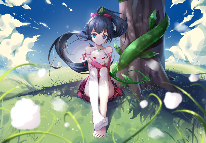 1girl arm_warmers asa_ni_haru asymmetrical_clothes bare_shoulders black_hair blue_eyes blue_sky blurry bow clouds collarbone depth_of_field dress feet grass hair_bow high_ponytail highres lens_flare long_hair motion_blur no_shoes onmyoji pink_dress single_thighhigh sitting sky smile solo thigh-highs tree very_long_hair ying_grass