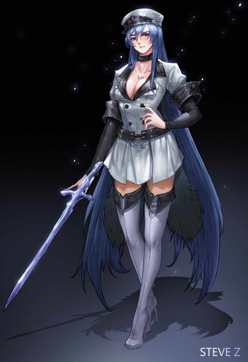 1girl absurdly_long_hair absurdres akame_ga_kill! artist_name bangs black_background black_nails blue_eyes blue_hair blush boots breasts chest_tattoo choker cleavage clenched_teeth coat collarbone cross-laced_footwear crystal_sword esdeath fingernails full_body gradient gradient_background hair_between_eyes hand_on_hip hat high_heel_boots high_heels highres ice large_breasts legs light_particles lips long_hair long_sleeves looking_at_viewer military military_uniform nail_polish peaked_cap pink_lips shadow skirt solo standing steve_zheng sword tattoo teeth thigh-highs thigh_boots uniform very_long_hair weapon white_legwear