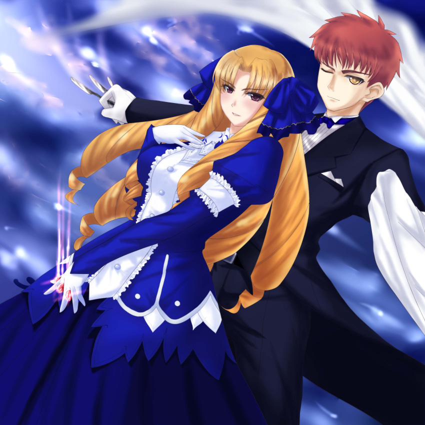 1boy 1girl absurdres blonde_hair blue_dress breasts brown_eyes dress drill_hair emiya_shirou fate/hollow_ataraxia fate_(series) gem gloves highres juliet_sleeves knife knives_between_fingers large_breasts long_dress long_hair long_sleeves luviagelita_edelfelt oiya_sakiya one_eye_closed puffy_sleeves redhead tuxedo violet_eyes white_gloves